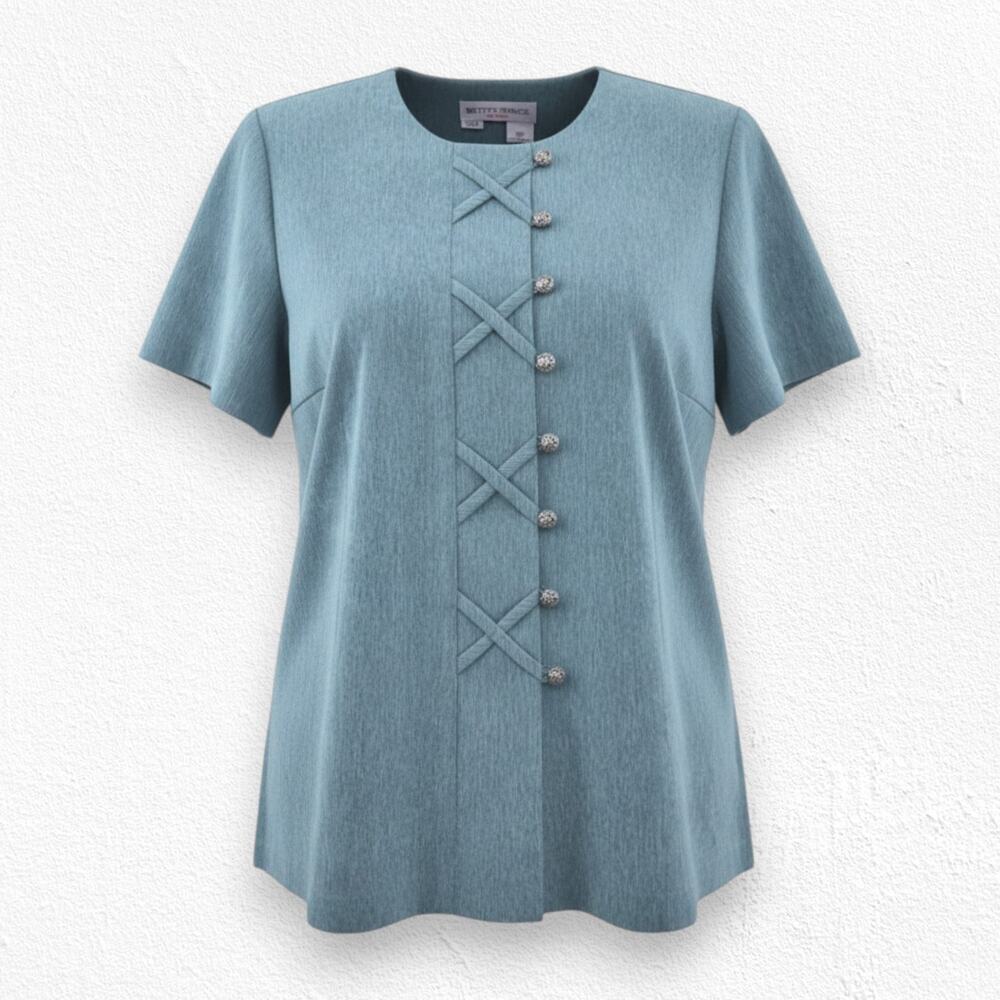 Vintage 90s Betsy’s Things Teal Short Sleeve Silver Button Front Blouse Size 16P